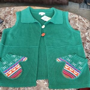 Christopher & Banks Green Sweater Vest with Colorful Pockets
